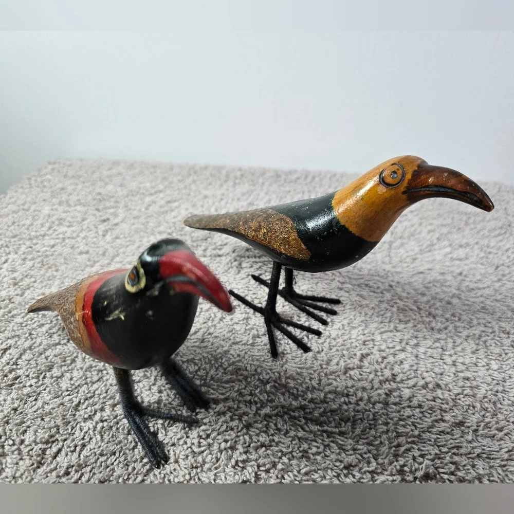Handcrafted Wooden Bird Figurines - Red, Black, Brown